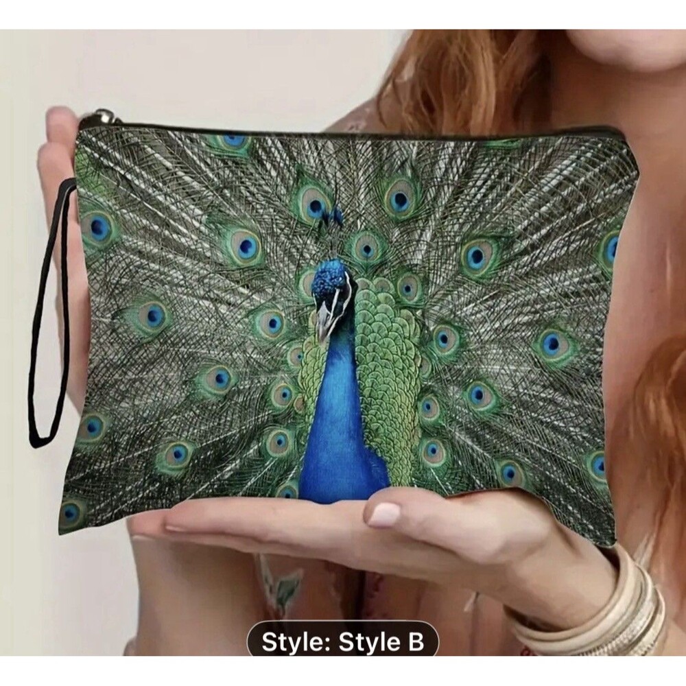 Peacock Feather 2D Print Cosmetic Polyester Pouch Makeup With Zip Bag